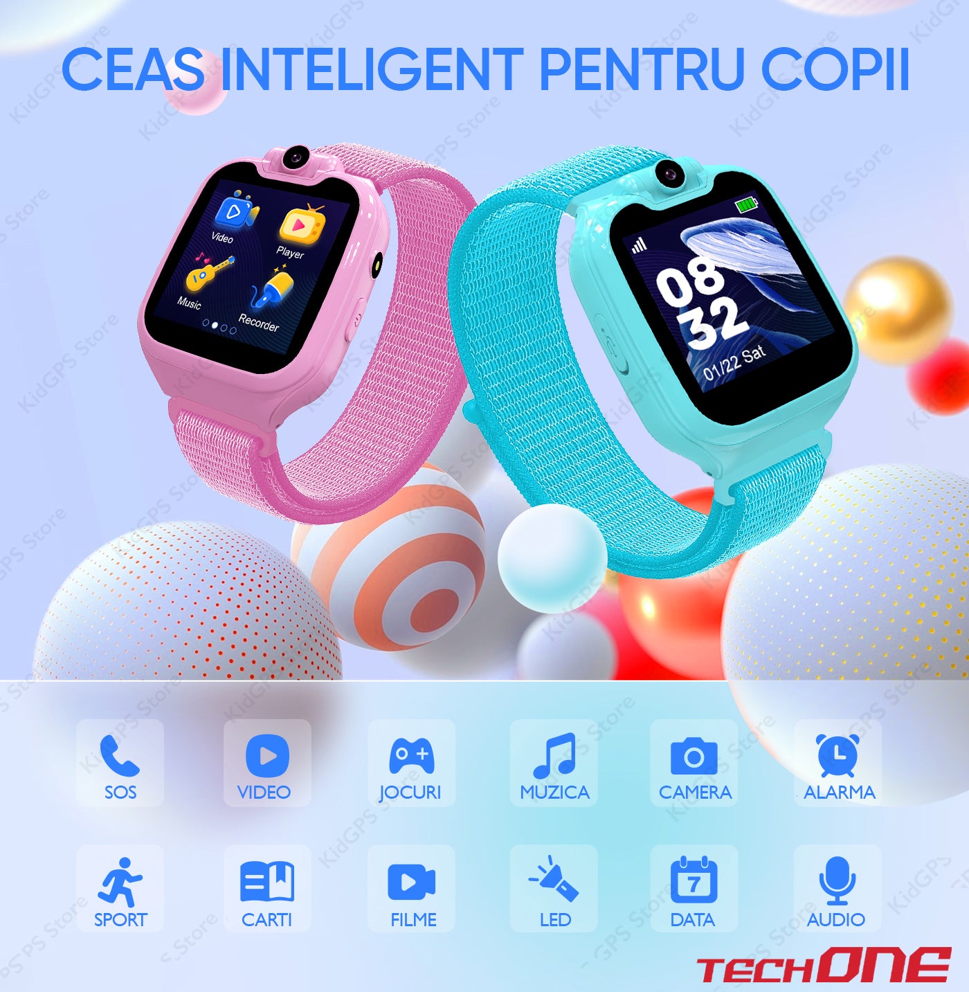 Ceas smartwatch copii cu telefon Techone G9, Roz Ceas smartwatch copii cu telefon Techone G9, Roz